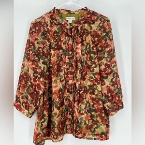 COLDWATER CREEK FLORAL FULLY LINED BLOUSE,  3/4 SLEEVE V-NECK‎